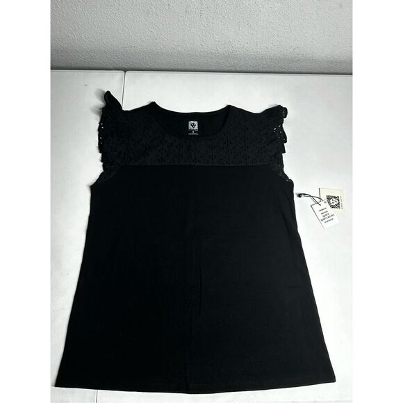 NWT Bohemian Anne Klein Black Women’s Top Eyelet Trim Size S Ruffle Sleeve - Picture 1 of 10